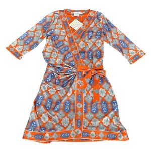 Gretchen Scott NWT Wrap Dress Haveli Orange Blue Floral Print Tie Waist Midi M